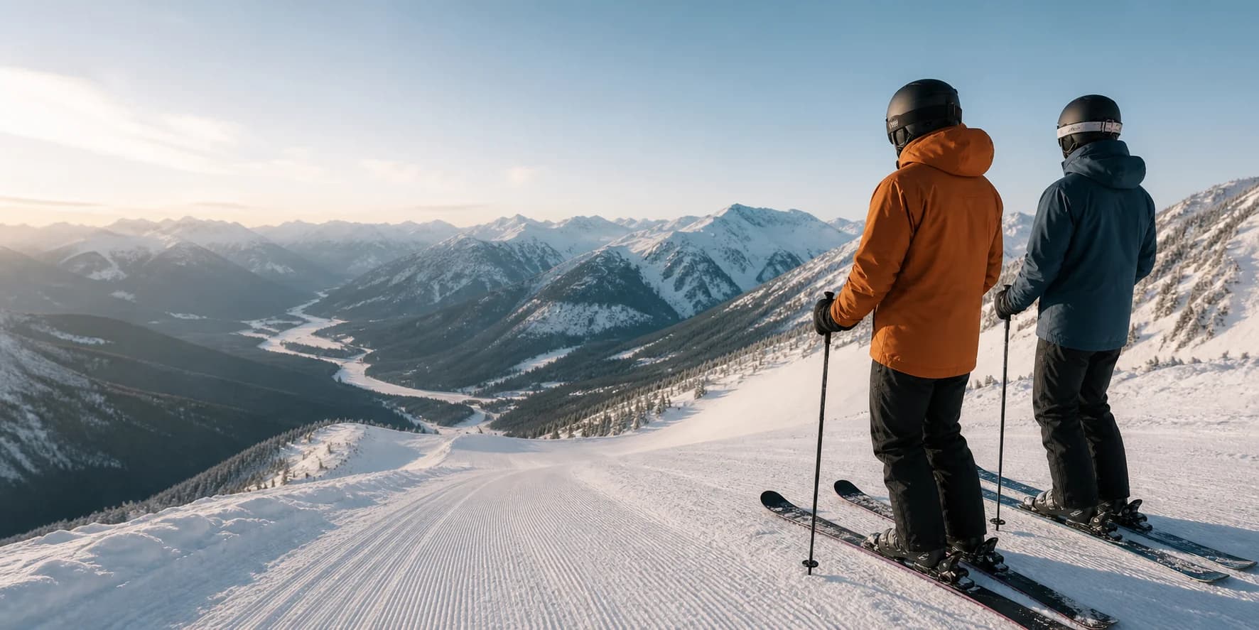 Two alpine skiers looking down a groomed mountain run