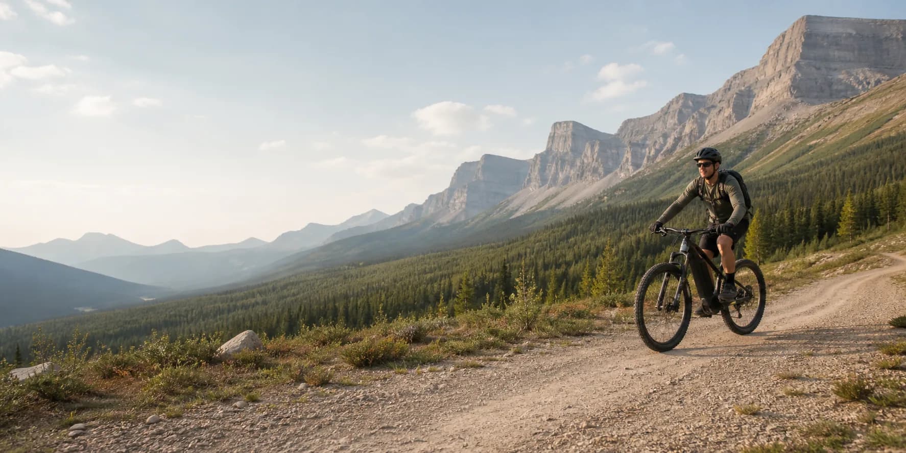 E-bike rider following a mountain trail in the Canadian Rockies