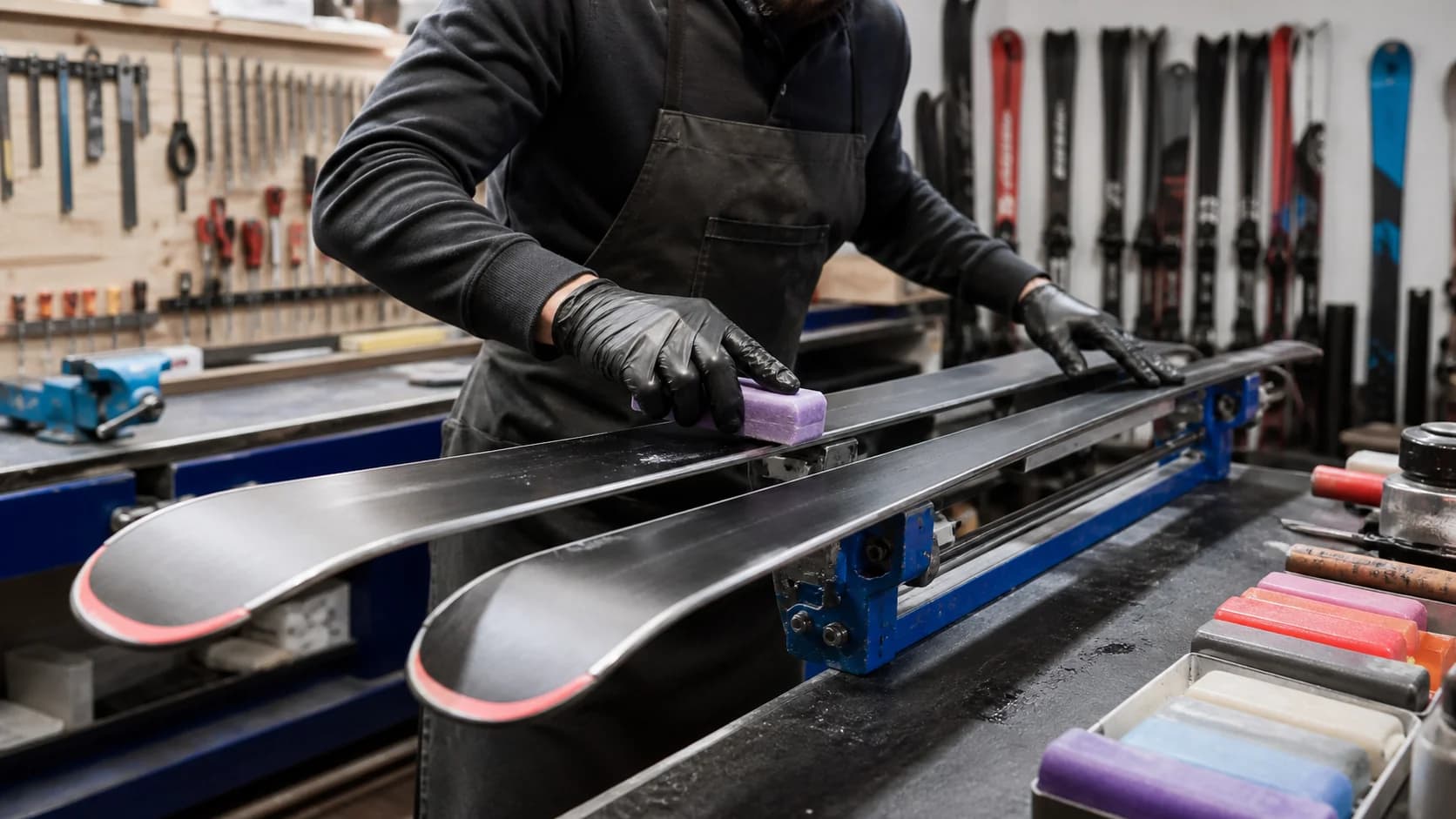 Ski technician waxing alpine skis at a service bench